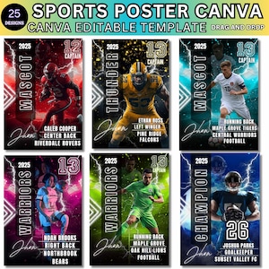 May include: A collection of six sports poster templates with a dynamic design. Each poster features a player in action, team name, player details, and the year 2025. The top banner reads "SPORTS POSTER CANVA" and "CANVA EDITABLE TEMPLATE".