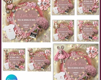 Canva Baby Girl Pregnancy Announcement Editable Template, It’s a Girl Gender Reveal,Little Sister Social Media Grand Finale Digital Download