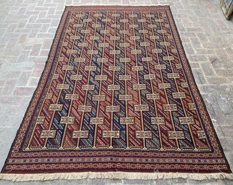 195 x 300 cm, Handwoven Afghan Tribal Sumak Kilim, Natural Dyed Wool Kilim, Super Fine Quality Needle Work Meleki Kilim.