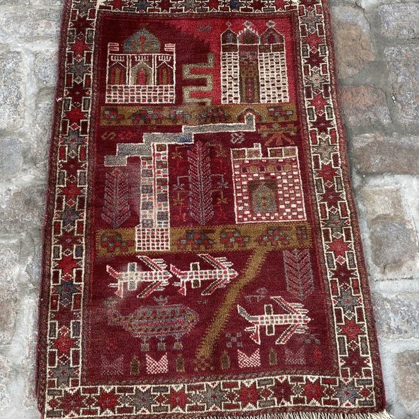 74 x 113 cm, Handmade Afghan Tribal Baluch Vintage Rug, Natural Dyed Color Wool Prayer Rug.