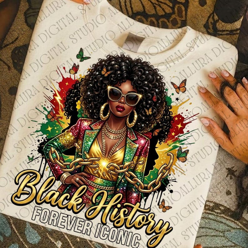 May include: A white sweatshirt featuring a vibrant illustration of a woman with curly hair, sunglasses, and gold jewelry. The design includes the text "Black History Forever Iconic" with butterflies and colorful accents.