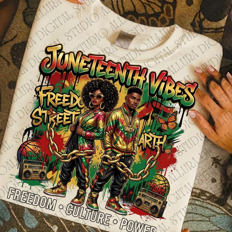 May include: Cream-colored sweatshirt with a vibrant graphic design. The design features two figures, text that reads "Juneteenth Vibes", "Freedom Street", and other phrases. The artwork includes chains, butterflies, and boomboxes.