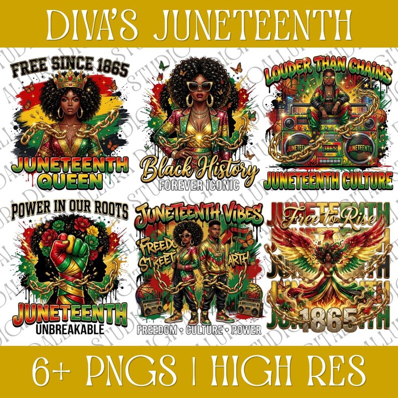 May include: Digital art featuring Juneteenth-themed designs. The image includes illustrations with text such as "Juneteenth Queen," "Black History," and "Free Since 1865." The designs incorporate the colors of the Pan-African flag and chains.