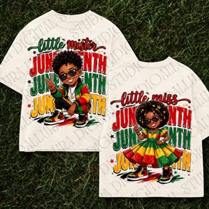 May include: Two off-white t-shirts with Juneteenth graphics. One shirt says "little mister Juneteenth" with a cartoon boy in sunglasses. The other says "little miss Juneteenth" with a cartoon girl in sunglasses.