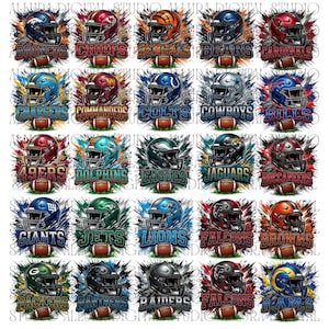 Puede incluir: Un collage de 32 imágenes con cascos y balones de fútbol de equipos de la NFL. Cada imagen incluye un casco del equipo, el nombre del equipo y un balón de fútbol. Los equipos incluyen Broncos, Chiefs, Bengals, Bears, Cardinals, Chargers, Commanders, Colts, Cowboys, Bills, 49ers, Dolphins, Eagles, Jaguars, Buccaneers, Giants, Jets, Lions, Falcons, Browns, Packers, Panthers, Raiders y Rams.