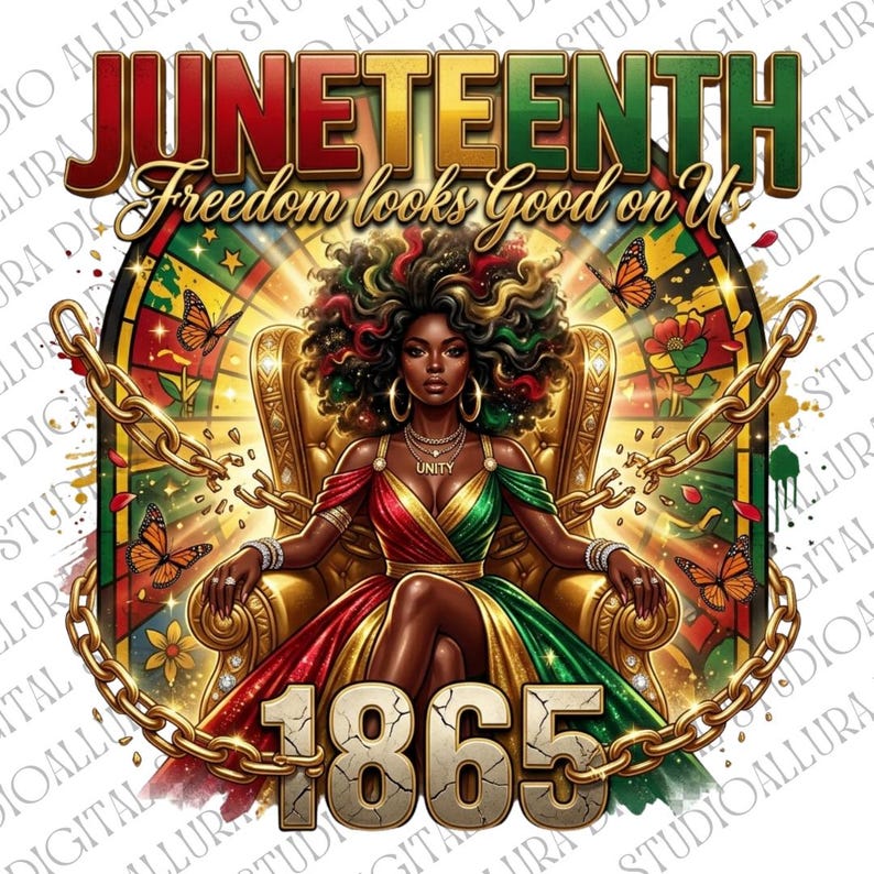 May include: A digital illustration celebrating Juneteenth. It features a woman in a red, yellow, and green dress seated on a golden throne, with the text "Juneteenth" and "Freedom looks Good on Us." The year "1865" is also displayed.