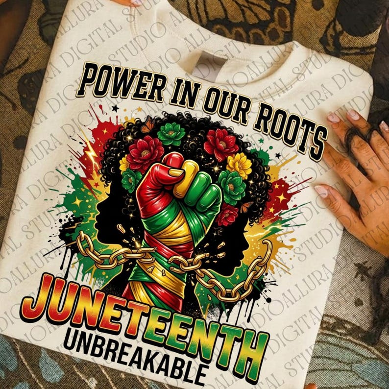 May include: Cream-colored sweatshirt with a vibrant graphic celebrating Juneteenth. The design features a clenched fist in Pan-African colors, a woman's silhouette, flowers, and the text "POWER IN OUR ROOTS" and "JUNETEENTH UNBREAKABLE".