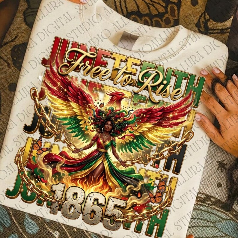 May include: Cream-colored sweatshirt featuring a vibrant graphic celebrating Juneteenth. The design includes a woman with colorful wings, chains, and the text "Juneteenth Free to Rise 1865th" in gold, red, green, and black.
