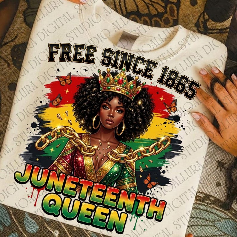 May include: Cream-colored sweatshirt featuring a vibrant graphic. The design includes a regal Black woman adorned with a crown and gold chains, set against the colors of the Pan-African flag. Text reads "FREE SINCE 1865" and "JUNETEENTH QUEEN".