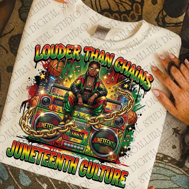 May include: Cream-colored sweatshirt with a vibrant graphic. The design features a woman sitting on a boombox, with the words "Louder Than Chains" and "Juneteenth Culture" in bold lettering. The boombox has the words "Juneteenth" and "1865" on it.