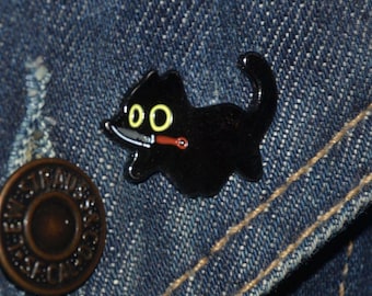 Cute Black Cat Pin with a Knife - Coal Ball Cat Brooche (max.dim 23 mm) - more to come Enamel Metal Lapel Pin Badge mb 3ac