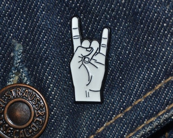 The *Rock N Roll* or "Rock* Finger Pin White (max. dim. 25 mm) - Enamel Metal Lapel Pin Badge - Hard Rock, Heavy Metal, Punk