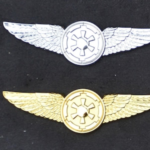 May include: Two metal pilot wings with a star-shaped symbol in the centre. The wings are silver and gold.