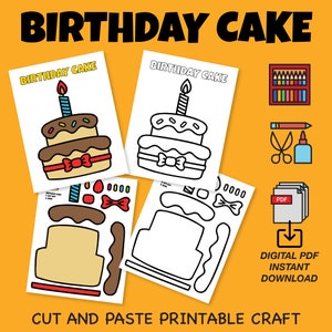 誕生日ケーキの切り貼りペーパークラフト ワークシート (子供向け) | 印刷可能な US レター サイズ