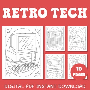 Puede incluir: Un libro para colorear en blanco y negro con 10 páginas de ilustraciones de tecnología retro. Las ilustraciones incluyen una computadora, una radio, un tocadiscos, una cinta VHS y un teléfono de disco. El título del libro para colorear es "Retro Tech".