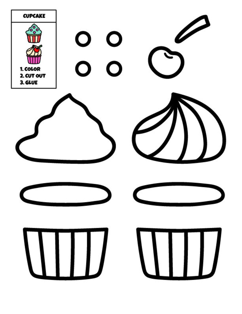 Cupcake Cut and Paste Craft Coloring Worksheets for Kids | Printable US ...