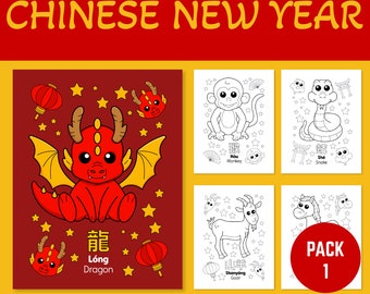 Chinese New Year 2024 and Zodiac Printable pdf Coloring Pages for kids Pack 1