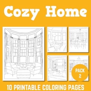 Pode incluir: Um conjunto de 10 páginas para colorir imprimíveis que mostram interiores aconchegantes de casas. As páginas representam diferentes quartos com móveis, janelas e elementos decorativos. Os textos "Cozy Home" e "PACK 2" são visíveis nas páginas.