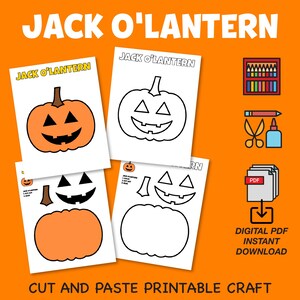 May include: Printable Jack O' Lantern craft for kids. The craft includes a pumpkin outline, a face, and a stem. The craft is available as a digital PDF download. The image also shows crayons, scissors, and glue.