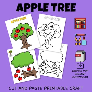 May include: Printable cut and paste craft activity featuring an apple tree. The craft includes a colored apple tree, a black and white outline of an apple tree, a green treetop, a brown tree trunk, and red apples. The text "APPLE TREE" is included on the printable sheets. The craft is available as a digital PDF download.