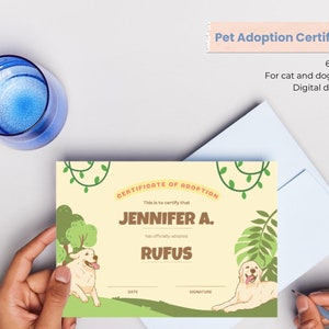 Pet adoption certificate template, customisable and printable, dog and cat adoption, digital download