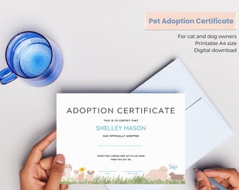 Pet adoption certificate, animal adoption, birthday certificate, A4 size printable digital download, floral, minimalistic