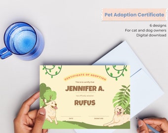 Pet adoption certificate template, customisable and printable, dog and cat adoption, digital download