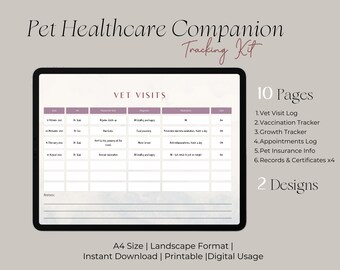Pet Healthcare Record Booklet | Vet Visit Log, Vaccination Tracker (Digital Download)