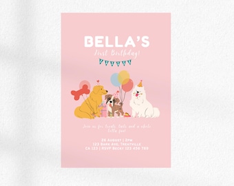Pink Puppy Birthday Invitation • Editable Pet Pawty Invite (Canva Template)