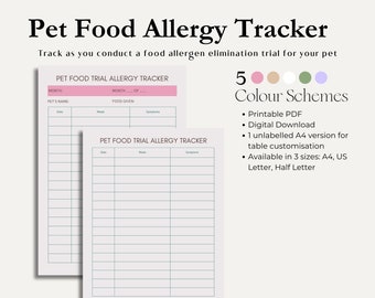 Pet Food Allergy Tracker, Food Trial Log (Digital Download)