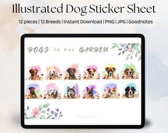 Watercolor Dog Breed Stickers, Floral Planner Decorations (Digital Download)