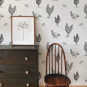 Chicken wallpaper peel and stick, kitchen wallpaper, farm animal gray cream toile wallpaper, farmhouse removable wallpaper, country house