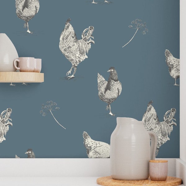 Vintage chicken wallpaper, blue kitchen wallpaper, farmhouse wallpaper peel and stick, country cottage wallpaper, cottage core