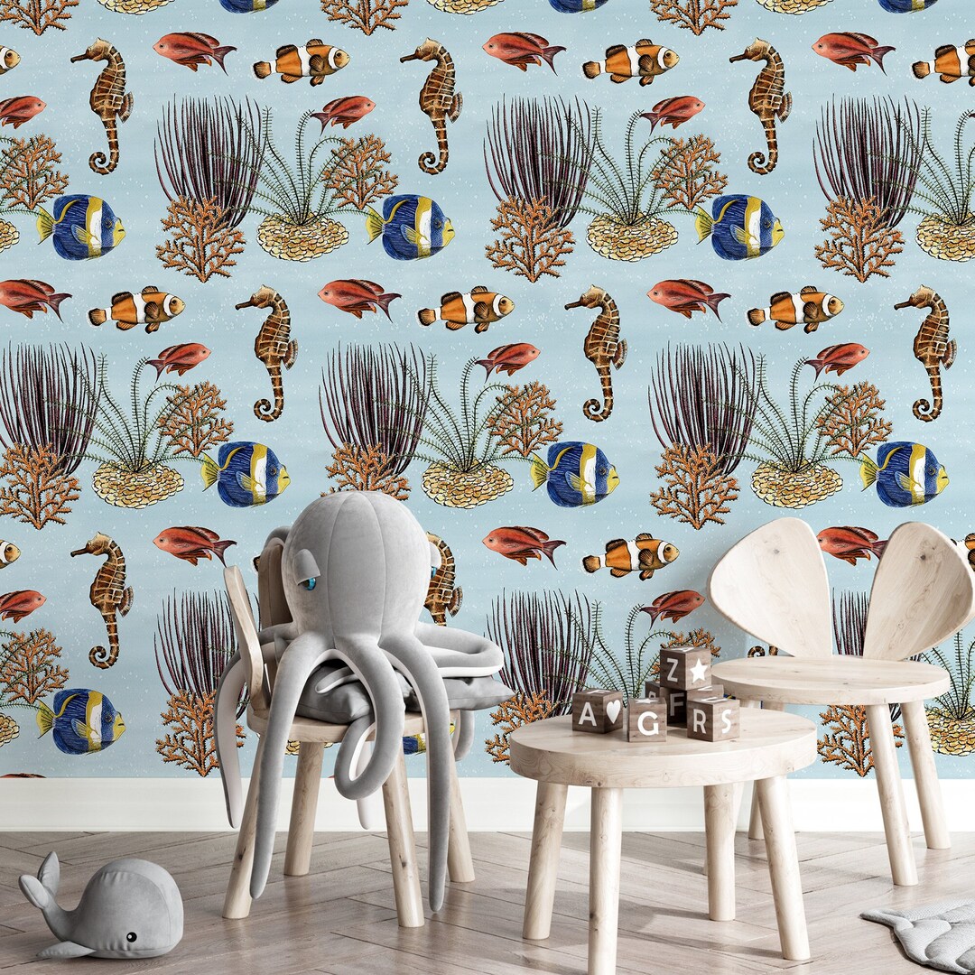 Nursery Peel and Stick Wallpaper, Removable Ocean Wallpaper, Kids Room