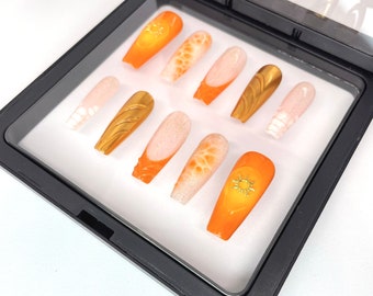 Golden Summer - Orange & Doré - Press On Nails - Faux Ongles - Kit Application Inclus