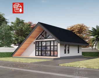 Plattegrond van een klein huis, 1 slaapkamer en 1 slaapkamer zolder, verhoogde delen, digitale download [A01]