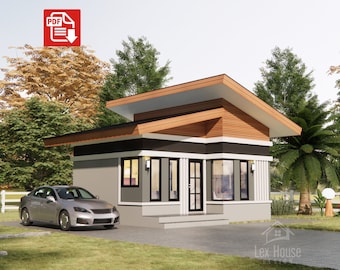 Plan de petite maison moderne, conception de plan de petite maison, 1 chambre et 1 salle de bain, sections en élévation, plan de petite maison, téléchargement numérique [A09]