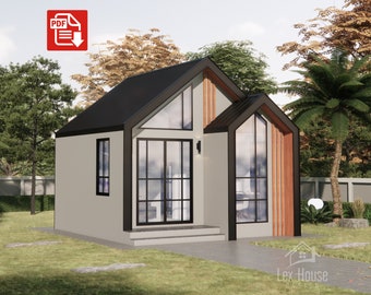 Plan de petite maison moderne, conception de plan de petite maison, 1 chambre et 1 salle de bain, sections en élévation, plan de petite maison, téléchargement numérique [A10]