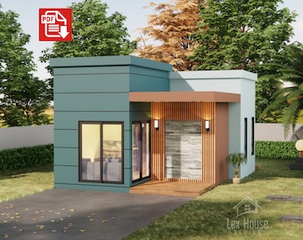 Plan de petite maison moderne, conception de plan de petite maison, 1 chambre et 1 salle de bain, sections en élévation, plan de petite maison, téléchargement numérique [A05]