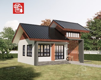 Plan de petite maison moderne, conception de plan de petite maison, 1 chambre et 1 salle de bain, sections en élévation, plan de petite maison, téléchargement numérique [A08]