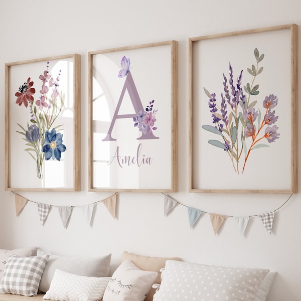 Set of 3 Custom Personalized Floral Initial Print, Watercolor Wildflower Nursery Art, Different Size and Color Options, Boho Room Decor