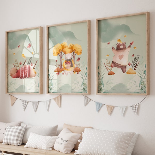 Set of 3 Teddy Bear Nursery Prints, Pastel Watercolor Nursery Wall Art, Cute Teddy Bear Wall Prints, Neutral Nursery Decor, Digital Download
