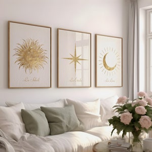 Gold Sun, Moon, Star Printable Art, Luxury Minimal Wall Decor for Modern Rooms, Housewarming Gift, Mid Century Design, Digital Download