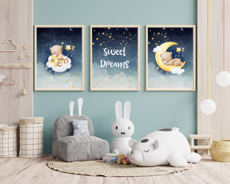 Modern Teddy Bear Print, Set of 3 Nursery Wall Art Print, Kids Room Art