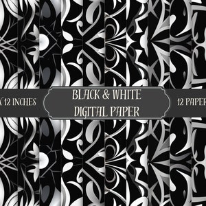 Black and White Mosaic Digital Paper, Vintage Black and White, Mosaic Patterns