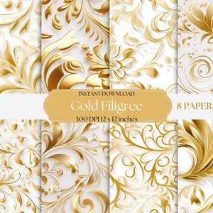 Luxuriöses goldenes filigranes digitales Papierset auf weißem Hintergrund - druckbarer digitaler Download