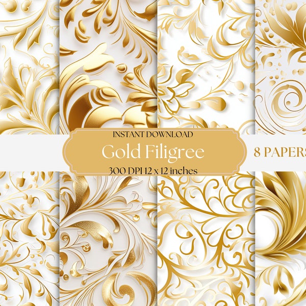 Luxurious Gold Filigree Digital Paper Set on White Background - Printable Digital Download