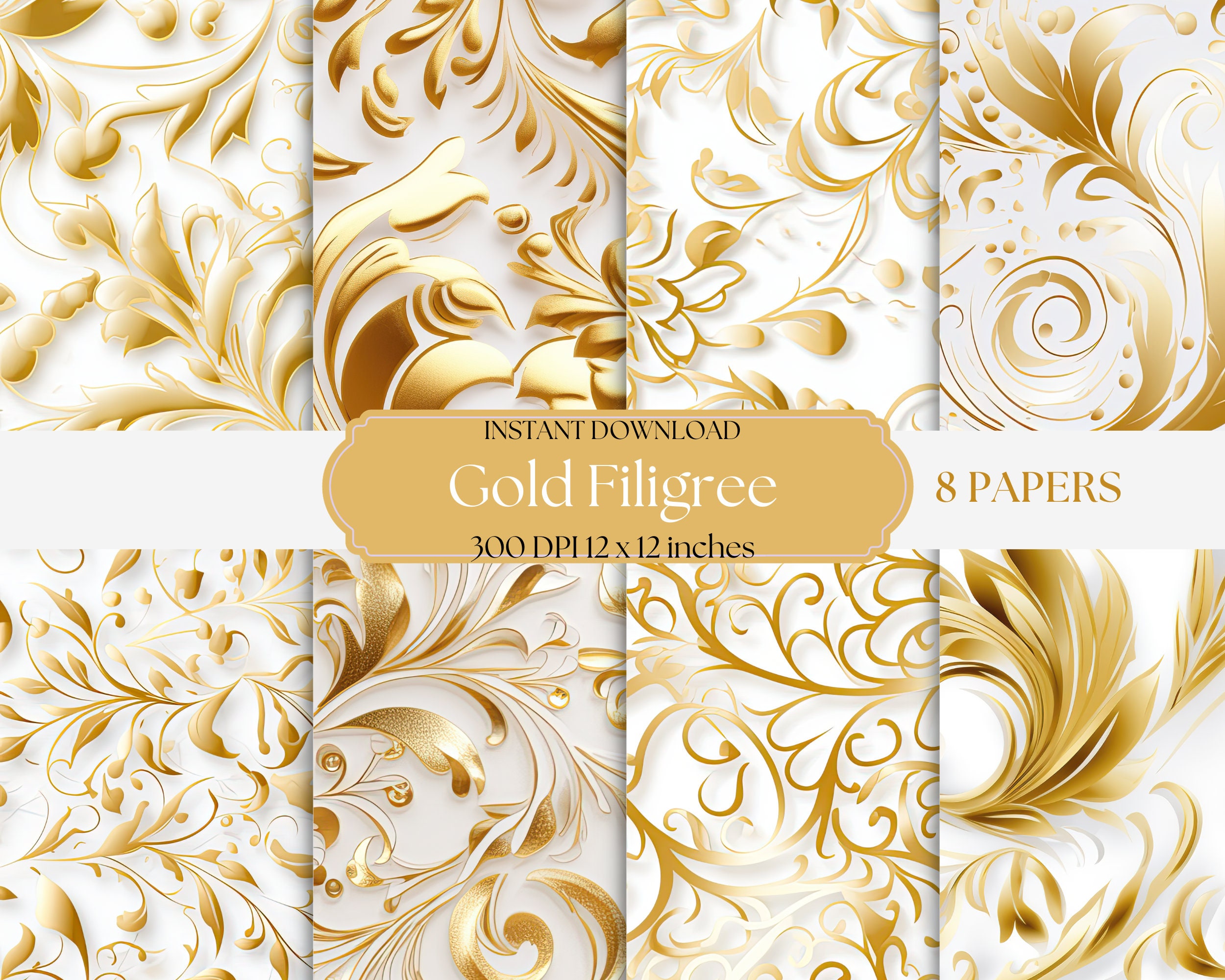 Luxurious Gold Filigree Digital Paper Set on White Background - Printable Digital Download