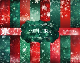 Snowflake Digital Paper, Winter Digital Paper, Christmas Snow, Red & Green Bundle