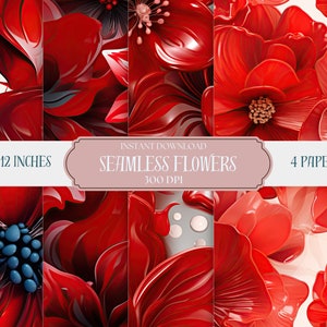 Vibrant Red Floral Patterns | Instant Digital Download for Scrapbooking | Seamless Patterns